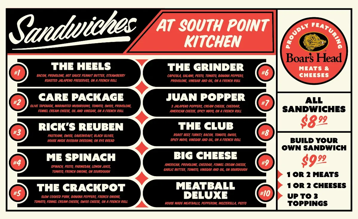 2024 South Point Grocery deli and sandwich menu.